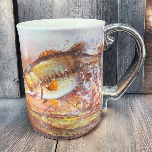 Rivers Edge Products 3D Ceramic Coffee Mug Cup 15 Oz Fishing Scene Silver Handle - Picture 1 of 15